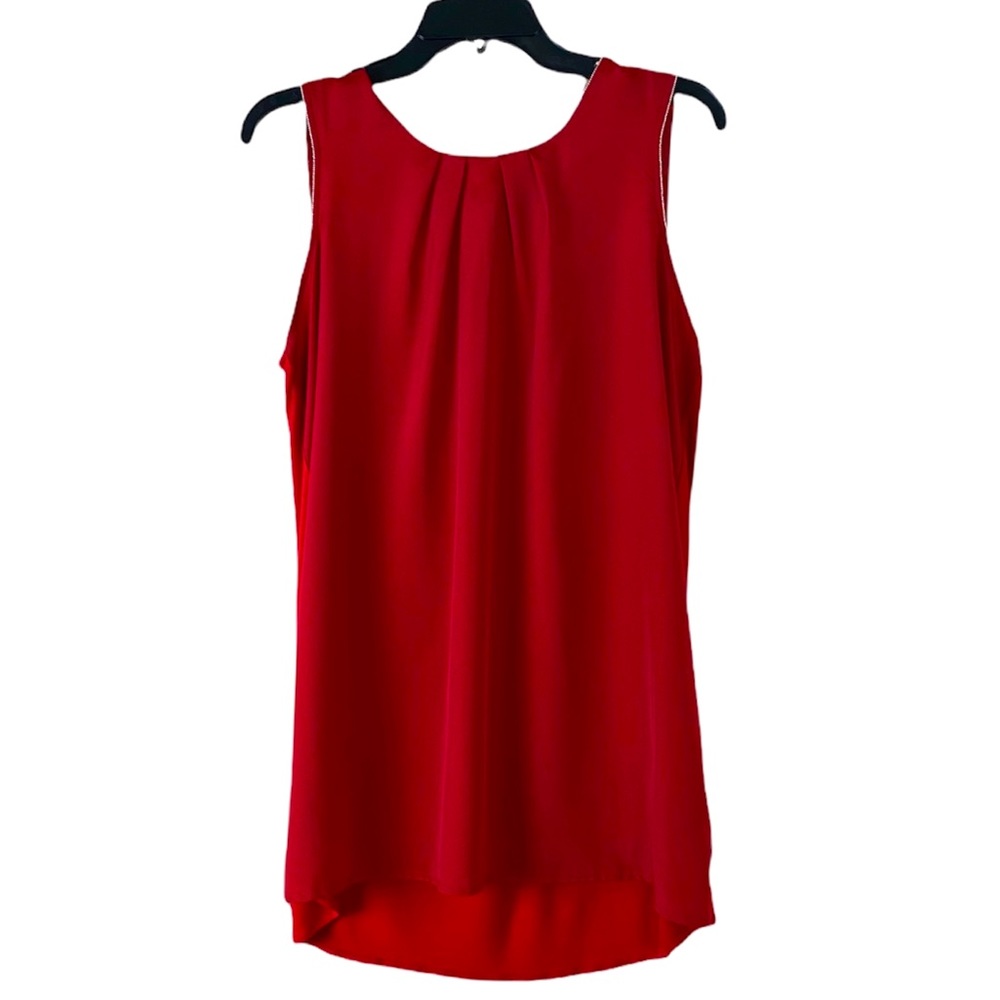 Worthington Tunic Top Red Large Silky Silver Trim Pleated Neck Silver Arm Trim